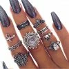 RaviMour Official Store 9-pc Silver Boho Midi Ring Set