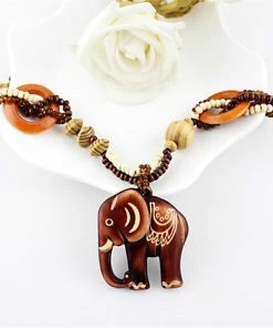 Long's Top Fashion Store Bead Wood Elephant Pendant Necklace