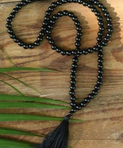 Offbeat Jewelry Black Onyx Buddhist Mala Beads Necklace With Black Tassels