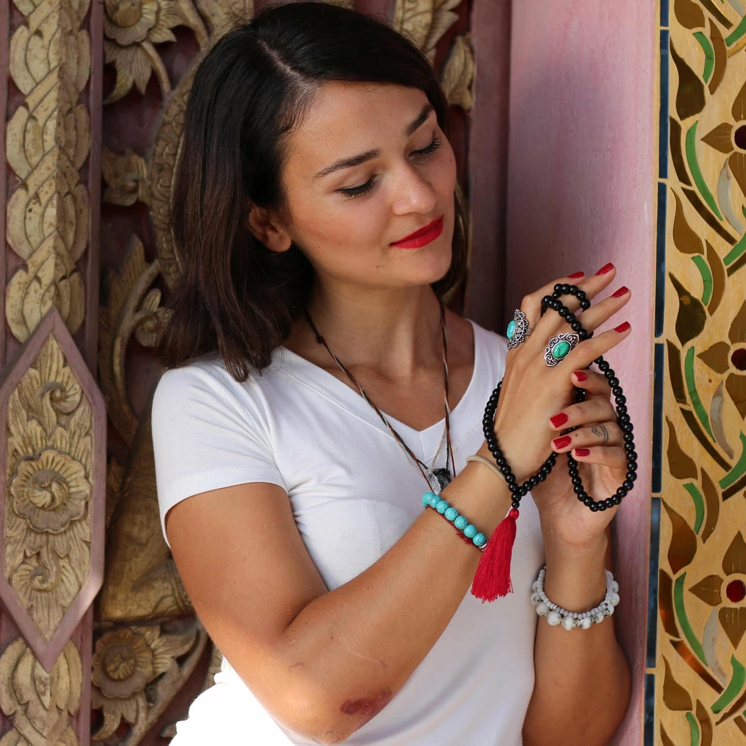 Offbeat Black Onyx Buddhist Mala Beads Necklace With Red Tassels Jewelry 6 Offbeat Black Onyx Buddhist Mala Beads Necklace With Red Tassels Jewelry