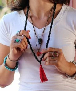 Offbeat Black Onyx Buddhist Mala Beads Necklace With Red Tassels Jewelry 12 Offbeat Black Onyx Buddhist Mala Beads Necklace With Red Tassels Jewelry