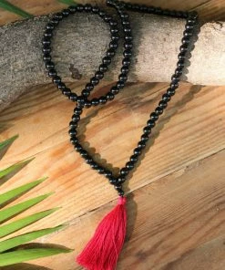 Offbeat Black Onyx Buddhist Mala Beads Necklace With Red Tassels Jewelry