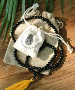 Offbeat Jewelry Black Onyx Buddhist Mala Beads Necklace With Yellow Tassels