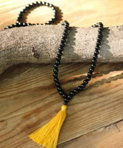 Offbeat Jewelry Black Onyx Buddhist Mala Beads Necklace With Yellow Tassels