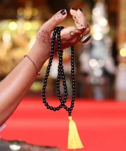 Offbeat Jewelry Black Onyx Buddhist Mala Beads Necklace With Yellow Tassels