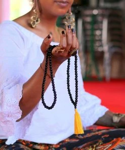 Offbeat Jewelry Black Onyx Buddhist Mala Beads Necklace With Yellow Tassels