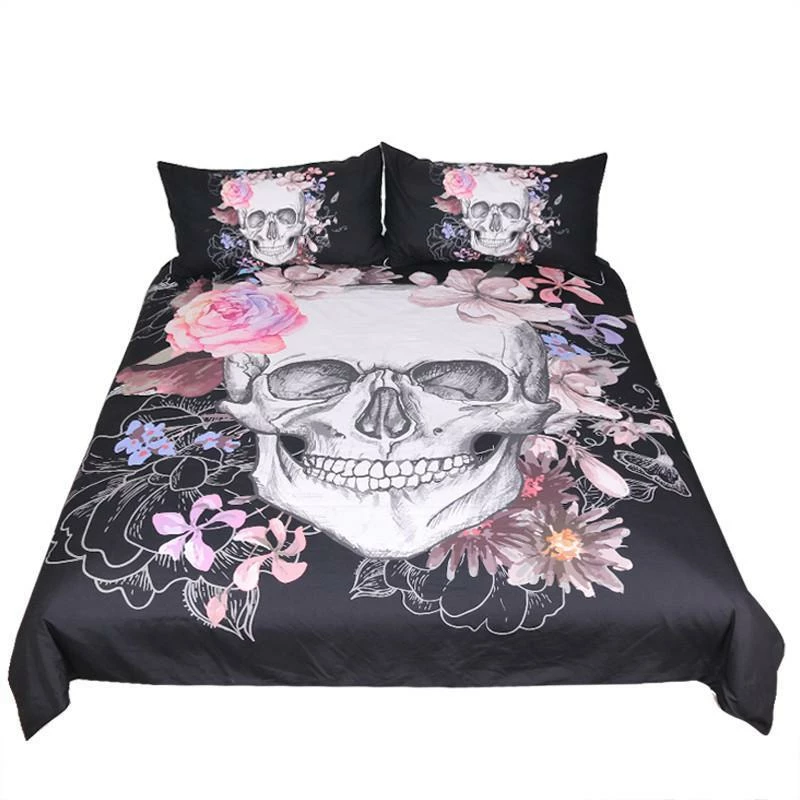 One Tribe Apparel Home Black & Pink Floral Skull Bedding Set 3 One Tribe Apparel Home Black & Pink Floral Skull Bedding Set