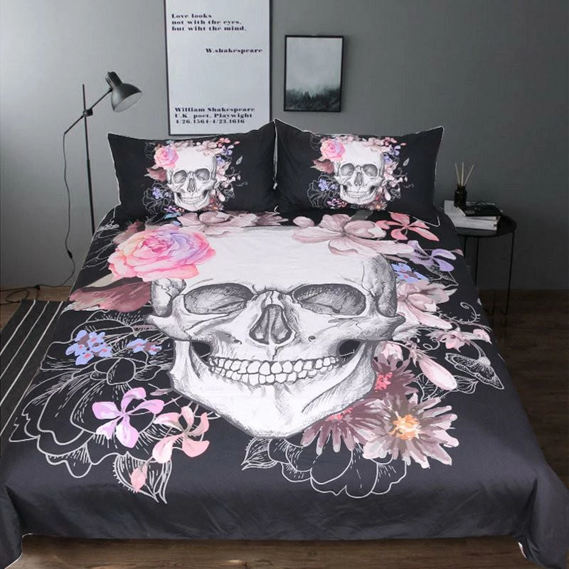 One Tribe Apparel Home Black & Pink Floral Skull Bedding Set 5 One Tribe Apparel Home Black & Pink Floral Skull Bedding Set