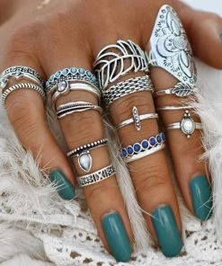 17KM Official Store Jewelry Bohemian Flower Child Ring Set With Midi And Knuckle Rings