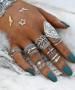 17KM Official Store Jewelry Bohemian Flower Child Ring Set With Midi And Knuckle Rings