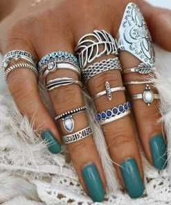 17KM Official Store Jewelry Bohemian Flower Child Ring Set With Midi And Knuckle Rings