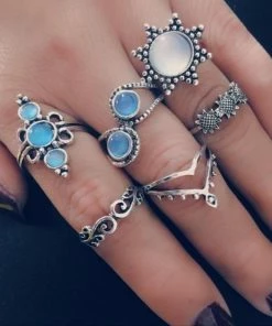 RaviMour Official Store Jewelry Boho 6-pc Blue Stone Knuckle Ring Set