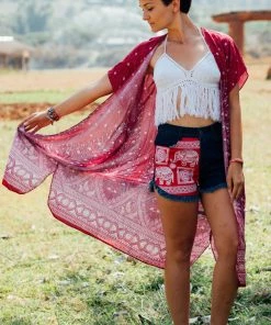 Napat Coral Pink Peacock Kimono