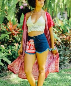 Napat Coral Pink Peacock Kimono