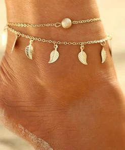 17KM Official Store Double Layer Chain Anklet With Leaves Charms Jewelry