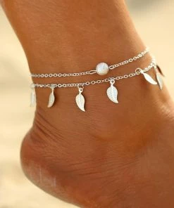 17KM Official Store Double Layer Chain Anklet With Leaves Charms Jewelry