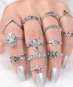 One Tribe Apparel Elephant & Hamsa Boho Ring Set