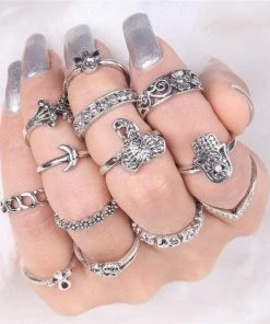 One Tribe Apparel Elephant & Hamsa Boho Ring Set