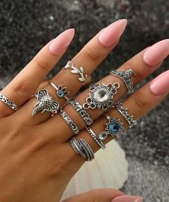 Shop3624071 Store Elephant & Leaf Wreath Boho Ring Set Jewelry