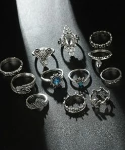 Shop3624071 Store Elephant & Leaf Wreath Boho Ring Set Jewelry