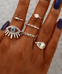 17KM Official Store Gold & Blue Evil Eye & Heart Knuckle Ring Set