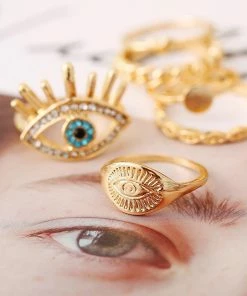 17KM Official Store Gold & Blue Evil Eye & Heart Knuckle Ring Set