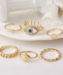 17KM Official Store Gold & Blue Evil Eye & Heart Knuckle Ring Set