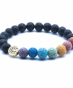 MICHAEL KENDRA Official Store Jewelry Gold Tree Of Life 7Chakra Bracelet With Black Lava Stone