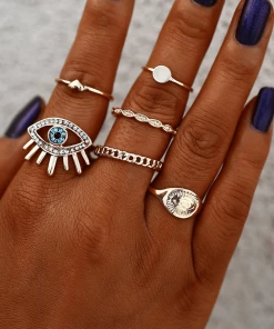 17KM Official Store Jewelry Golden Turquoise Evil Eye Boho Ring Set