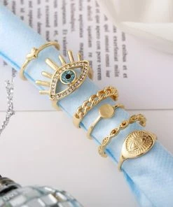 17KM Official Store Jewelry Golden Turquoise Evil Eye Boho Ring Set