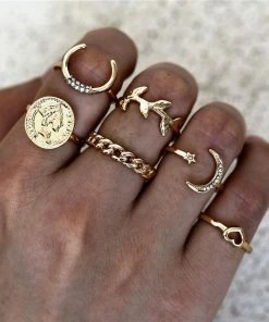 17KM Official Store Jewelry Golden Turquoise Evil Eye Boho Ring Set