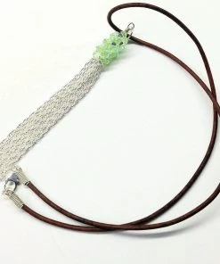 Lexi Butler Designs Jewelry Green Crystal Barrel Silver Chain Tassel Leather Necklace