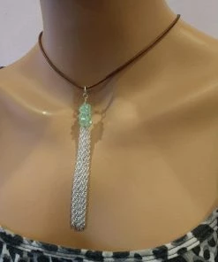 Lexi Butler Designs Jewelry Green Crystal Barrel Silver Chain Tassel Leather Necklace