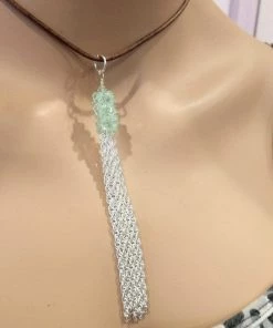 Lexi Butler Designs Jewelry Green Crystal Barrel Silver Chain Tassel Leather Necklace