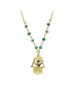 Fronay Collection Green Jade Golden Hamsa Hand Necklace