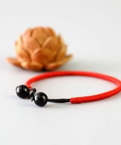 AMIU Handmade Store Jewelry Orange Red Buddhist Tibetan Bracelets With Black Onyx Beads