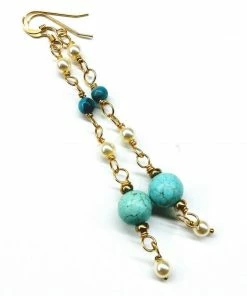 Lexi Butler Designs Long 14 K Gold Filled Turquoise Pearl Earrings