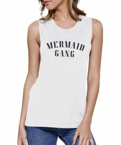 TSF Design Mermaid Gang Womens White Summer Graphic Muscle Tanks Funny Gifts Boho Tops