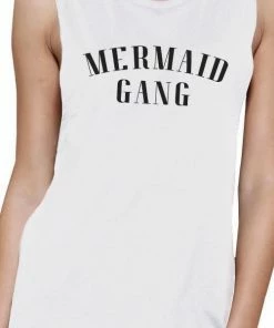 TSF Design Mermaid Gang Womens White Summer Graphic Muscle Tanks Funny Gifts Boho Tops
