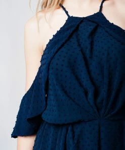 Q2 Boho Dresses Navy Plumeti Cold-Shoulder Lightweight Romper