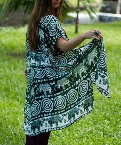 Napat Boho Tops Olive Tribal Elephant Kimono
