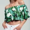 Q2 Boho Tops Palm Print Off Shoulder Ruffled Crop Top In Green 2 Q2 Boho Tops Palm Print Off Shoulder Ruffled Crop Top In Green