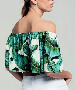 Q2 Boho Tops Palm Print Off Shoulder Ruffled Crop Top In Green 15 Q2 Boho Tops Palm Print Off Shoulder Ruffled Crop Top In Green