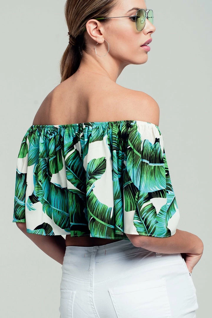 Q2 Boho Tops Palm Print Off Shoulder Ruffled Crop Top In Green 7 Q2 Boho Tops Palm Print Off Shoulder Ruffled Crop Top In Green