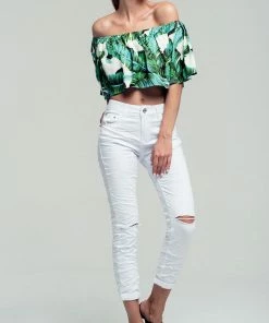 Q2 Boho Tops Palm Print Off Shoulder Ruffled Crop Top In Green 16 Q2 Boho Tops Palm Print Off Shoulder Ruffled Crop Top In Green