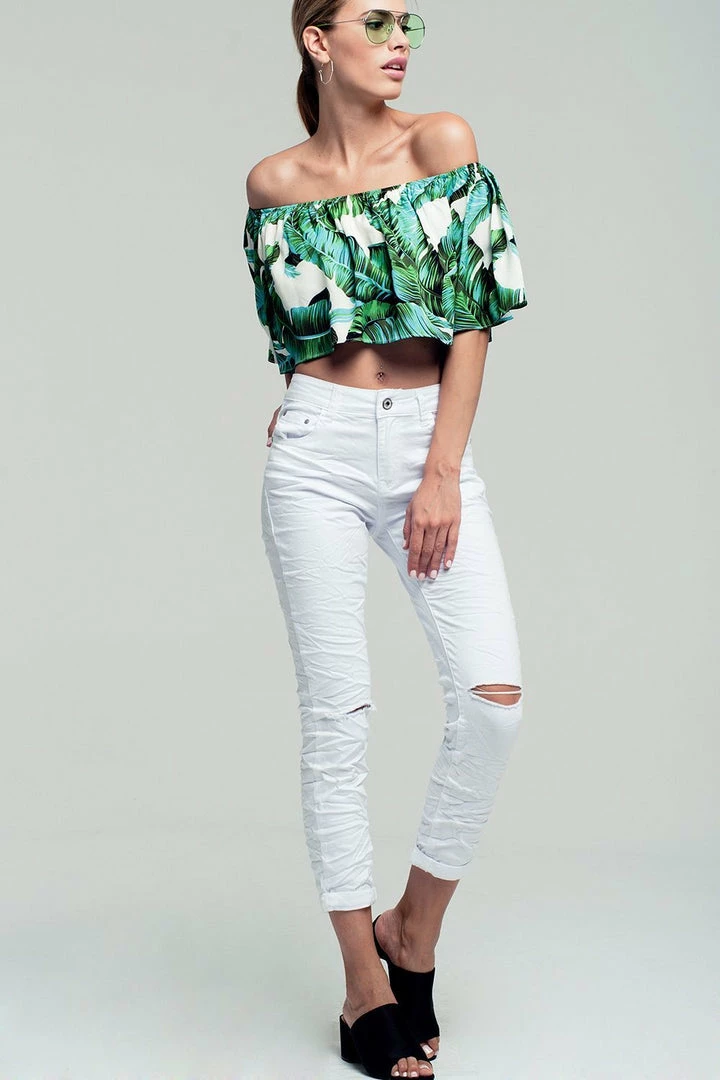 Q2 Boho Tops Palm Print Off Shoulder Ruffled Crop Top In Green 8 Q2 Boho Tops Palm Print Off Shoulder Ruffled Crop Top In Green