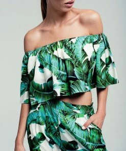 Q2 Boho Tops Palm Print Off Shoulder Ruffled Crop Top In Green 18 Q2 Boho Tops Palm Print Off Shoulder Ruffled Crop Top In Green