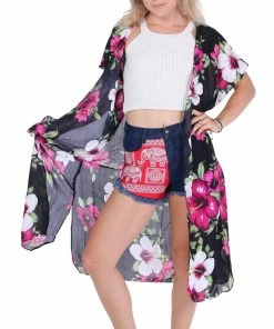 Napat Pink & Black Floral Kimono