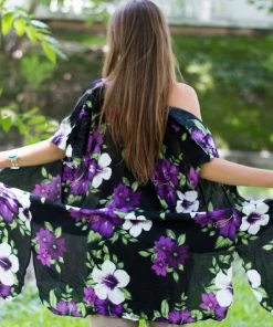 Napat Boho Tops Purple & Black Floral Kimono