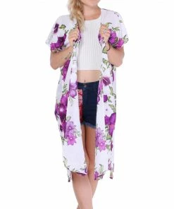 Napat Purple & White Floral Kimono Kimonos & Caftans